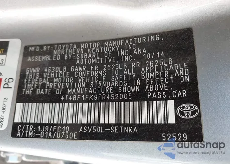 2015 Toyota Camry Le from USA, damaged, VIN 4T4BF1FK9FR452005